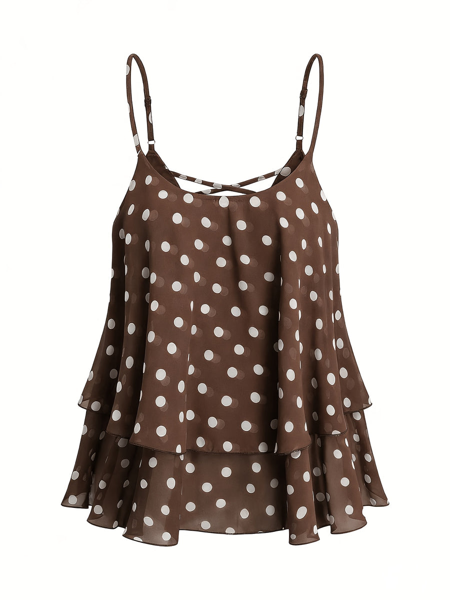 2026 New Black And White Polka Dot Spaghetti Strap Cami, Double-Layer Flowing Skirt Hem, Vacation Style Top, Lazy Style Polka Dot Chiffon Cami, Double-Layer A-Line Fit, Versatile Casual Date Sleeveless Top - Khaki