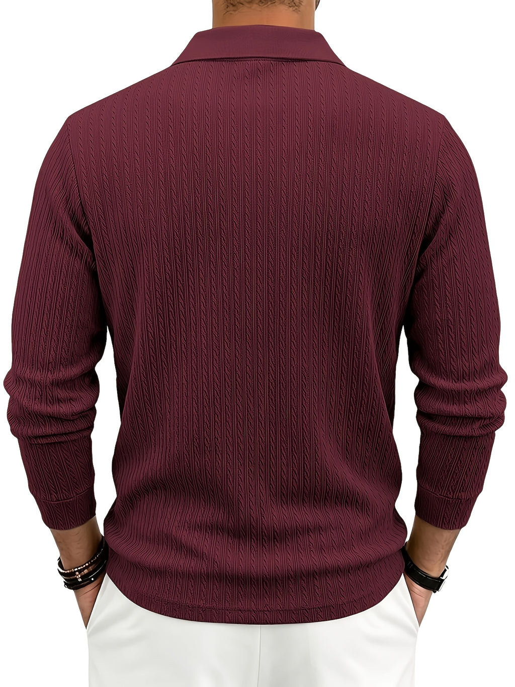 Spring/Autumn Men'S Long Sleeve Polo Shirt, High-Elastic Textured Vertical Rib Jacquard Collar T-Shirt, Business Casual Slim Fit Versatile Solid Color Pullover Top - Burgundy
