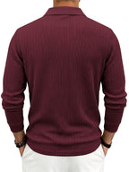 Spring/Autumn Men'S Long Sleeve Polo Shirt, High-Elastic Textured Vertical Rib Jacquard Collar T-Shirt, Business Casual Slim Fit Versatile Solid Color Pullover Top - Burgundy