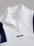Fleece Color-Blocked Spliced Letter Embroidered Zip-Up Sweatshirt, Men'S Mid-High Collar Half-Zip Pullover Warm Outerwear, Men'S Casual Sportswear with a Trendy Street And Collegiate Style, Suitable for Daily Wear And Casual Outdoor Activities - White