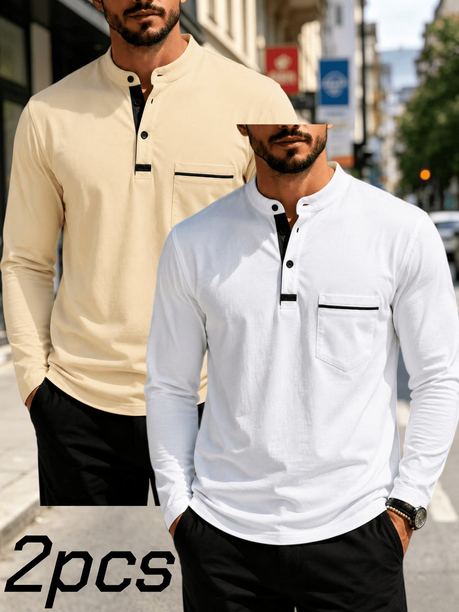 2pcs Men's Stand Collar Long Sleeve Henley Shirt, Casual Half-Button T-Shirt with Pockets, Lightweight and Breathable Stand Collar Pullover Top, Suitable for Daily, Office, and Outdoor Scenes - Khaki + White