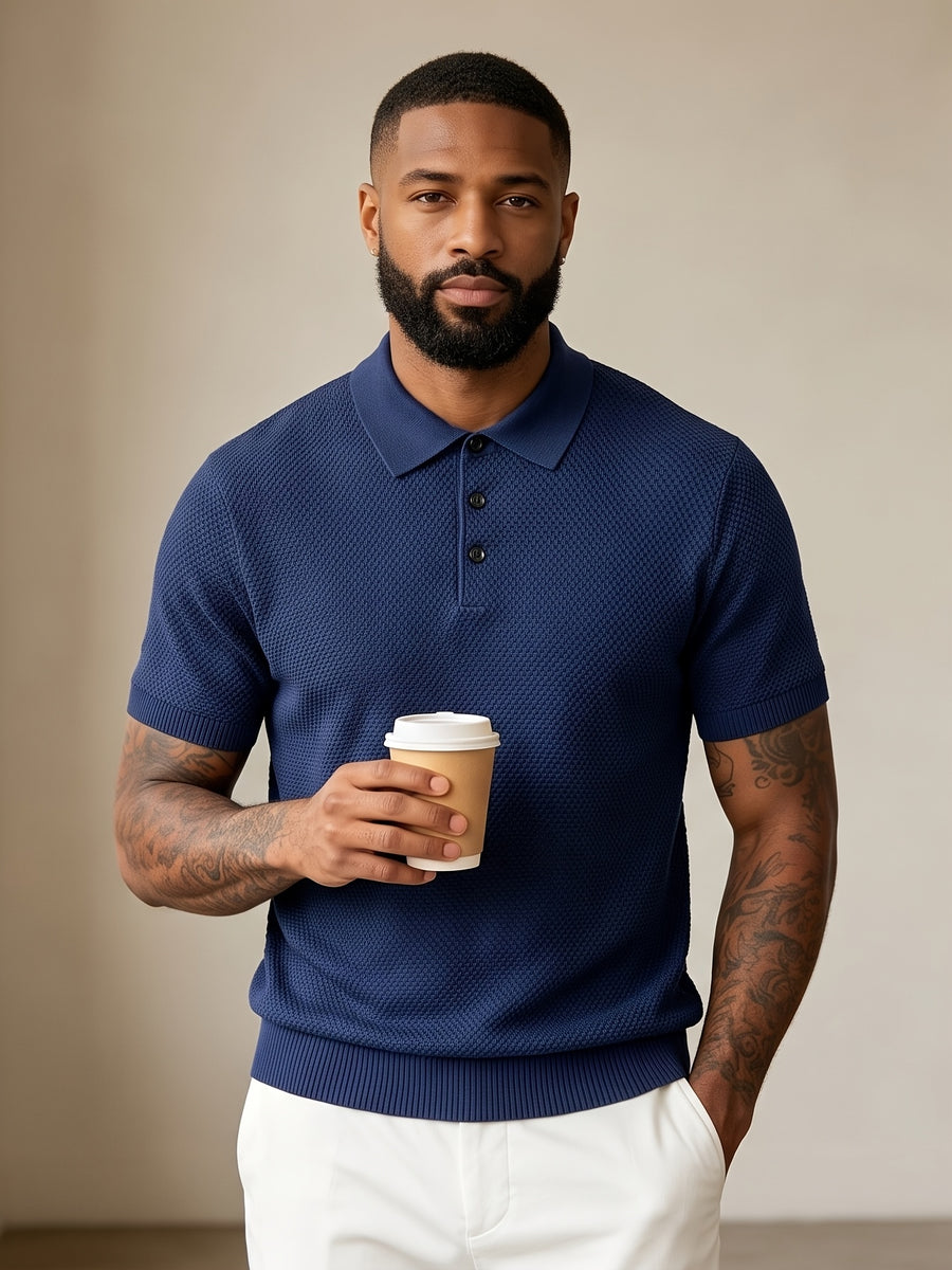 Men's Mature Business Style Knit Polo Shirt, 100% Pure Fabric, Breathable and Skin-friendly. Honeycomb Texture Jacquard Design, Simple Solid Color, Paired with a Three-button Lapel Collar, Clean Cut for a Flattering Fit. Suitable for Summer Commuting - Navy