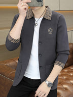 [Whale-Crossing Lan OB 1pc Autumn Winter New Men'S Knit Cardigan, Old Money Style Contrast Lapel Pocket Button-Front Cardigan Men'S Business Casual Fashion Button-Front Knit Top, Collar Design with Letter Embroidery Suitable for Spring, Autumn - Deep Gray