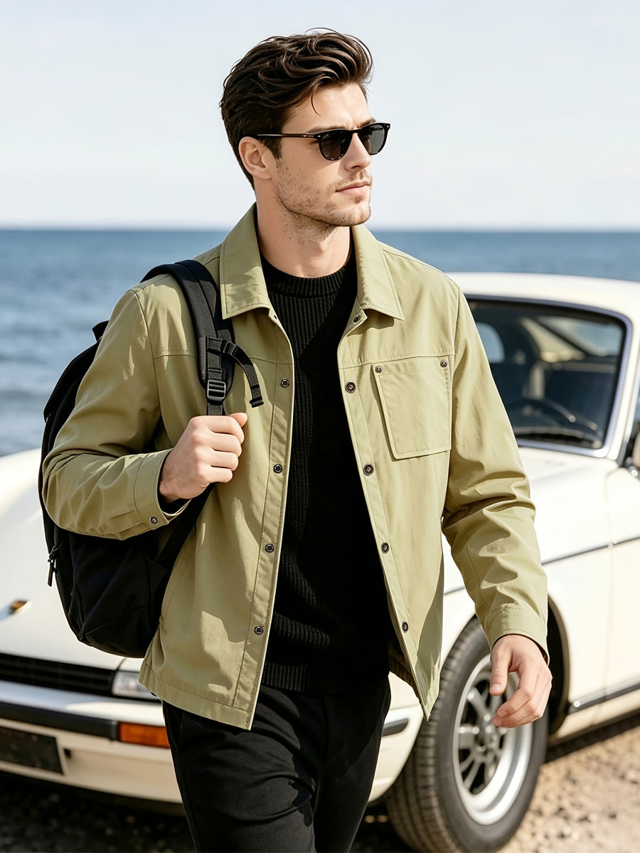 Back to School Season 1pc Men'S Lightweight Shirt Jacket, Button-Front with Chest Pocket And Double Side Pockets, Casual Techwear Style Spring Autumn Loose Fit Daily Commute Travel Outdoor Outerwear - Khaki