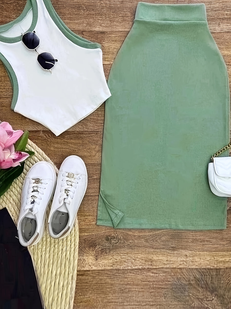 Women'S Sleeveless Vest And Slit Skirt Set - Green
