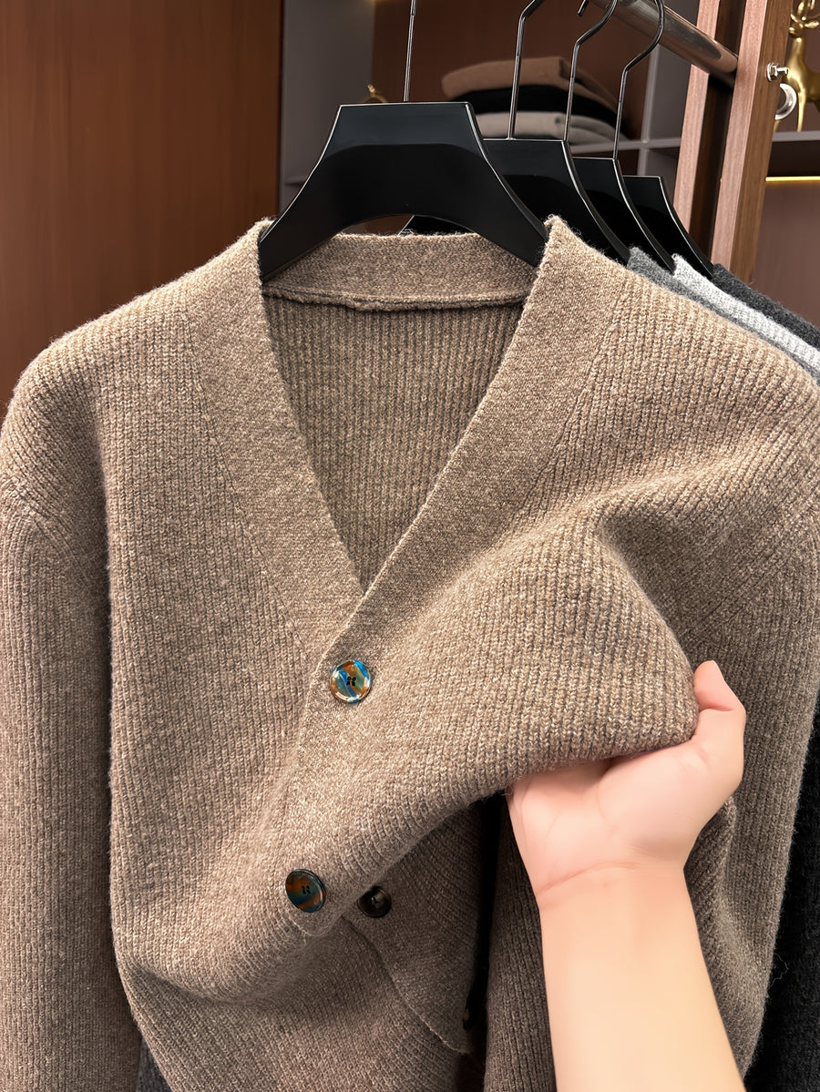 Men's V-neck Knitted Cardigan, Autumn/Winter Loose Fit Thickened Solid Color Simple Casual Sweater Outerwear Top - Brown