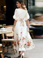 French Retro V-Neck Floral Dress, Puff Sleeve Waist-Cinching Tie-Belt Long Dress for Dates, Afternoon Tea, And Commuting - Multicolor