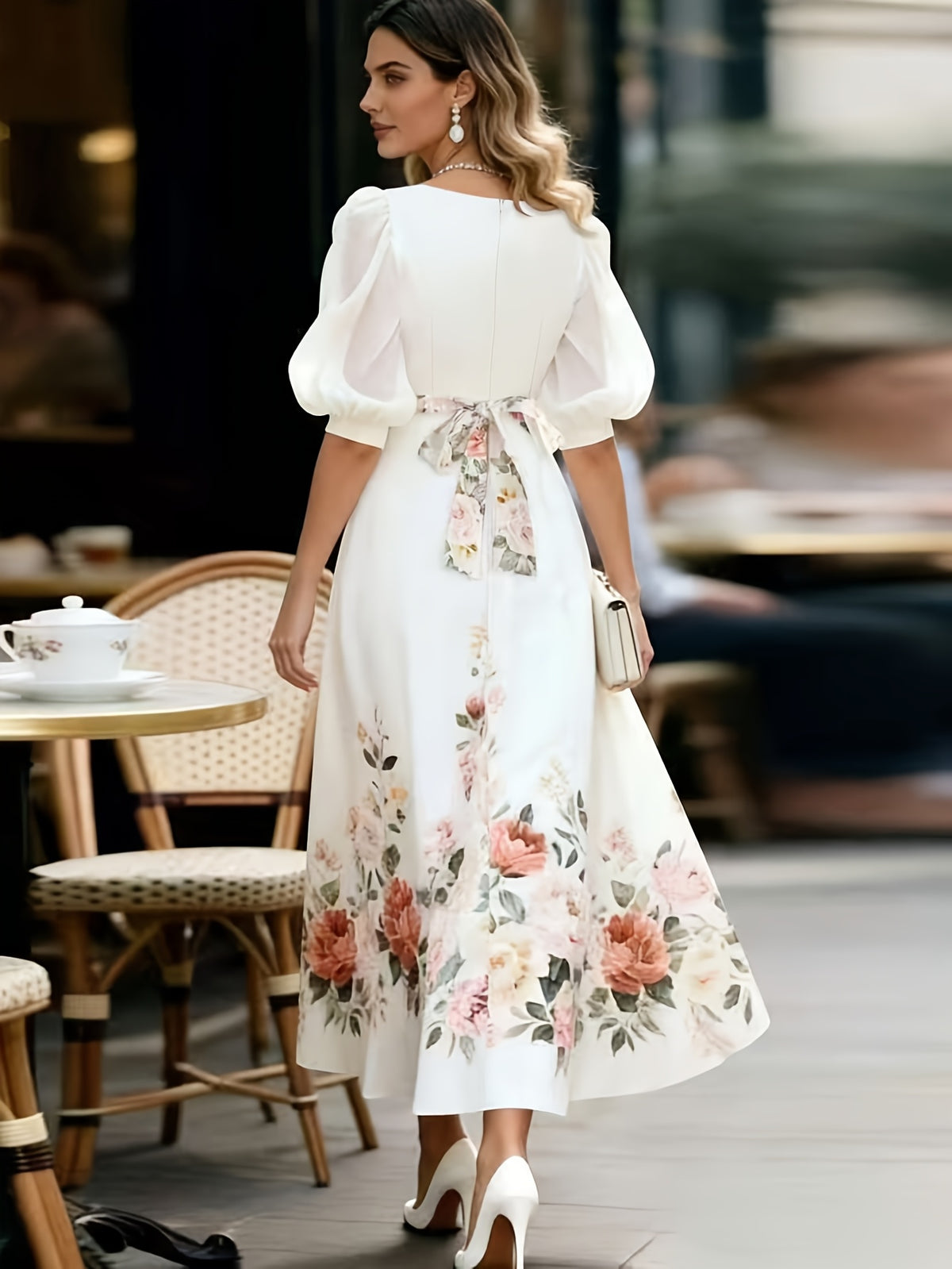 French Retro V-Neck Floral Dress, Puff Sleeve Waist-Cinching Tie-Belt Long Dress for Dates, Afternoon Tea, And Commuting - Multicolor