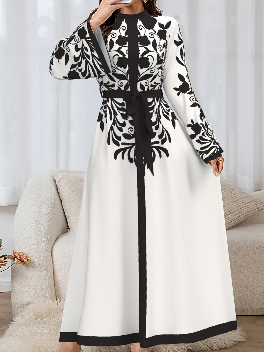 Women'S Elegant Long Sleeve Dress, Middle Eastern Style Maxi Dress, Long Sleeves, Belted Waist, Fabric, Machine Washable - Multicolor