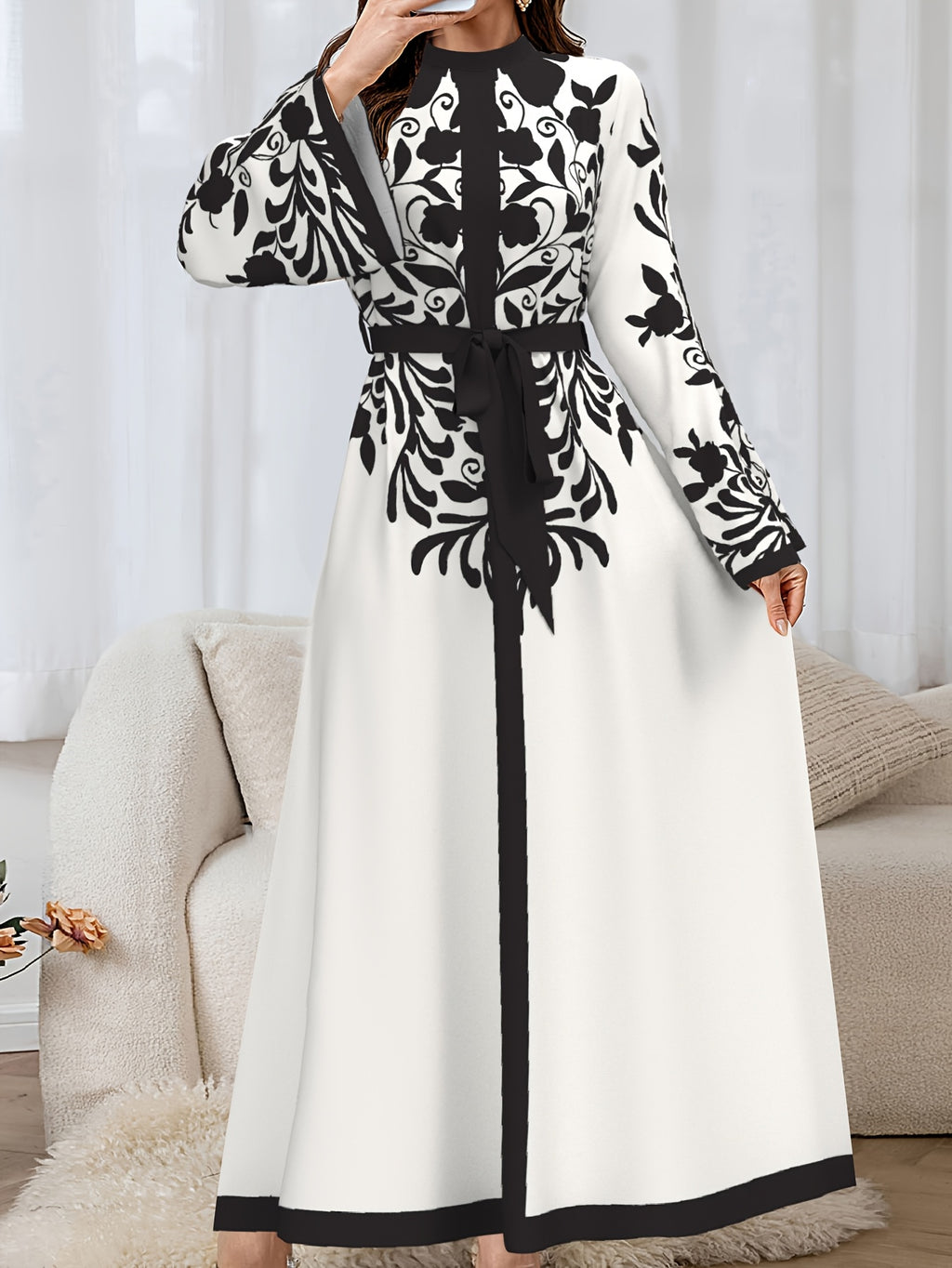Women'S Elegant Long Sleeve Dress, Middle Eastern Style Maxi Dress, Long Sleeves, Belted Waist, Fabric, Machine Washable - Multicolor