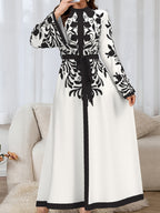 Women'S Elegant Long Sleeve Dress, Middle Eastern Style Maxi Dress, Long Sleeves, Belted Waist, Fabric, Machine Washable - Multicolor