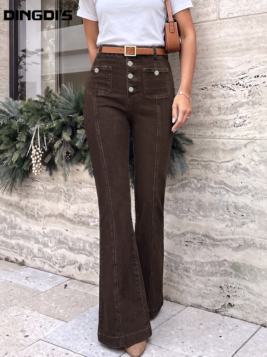 Ladies' New Stretch Denim Pants, Coffee-colored Flared Pants with Multiple Buttoned Pockets, High-waisted Figure-hugging Casual Pants, Street-style Women's Clothing, Comfortable Denim Pants Suitable for All Seasons, Long Denim Pants (without Belts) - Coffee Color