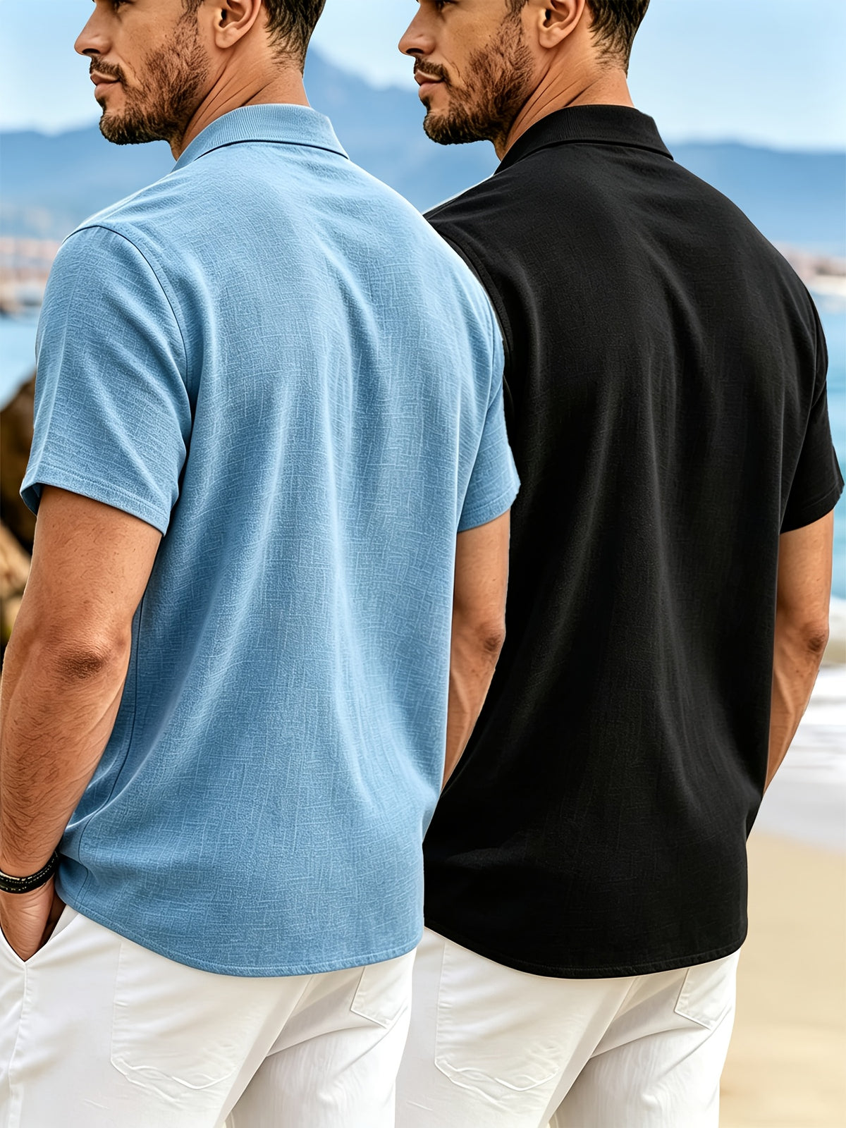 2pcs Men'S Linen Short Sleeve Polo Shirts, Circular Ribbed Collar Half-Zipper Design, Breathable Casual All-Match Summer T-Shirts - Sky Blue+Black