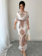 Western Elegant Holiday Vacation Party Paisley Pattern Print Fringed Hem And Cuffs Belted Waist Side Slit Round Neck Bodycon Midi Dress - Multicolor