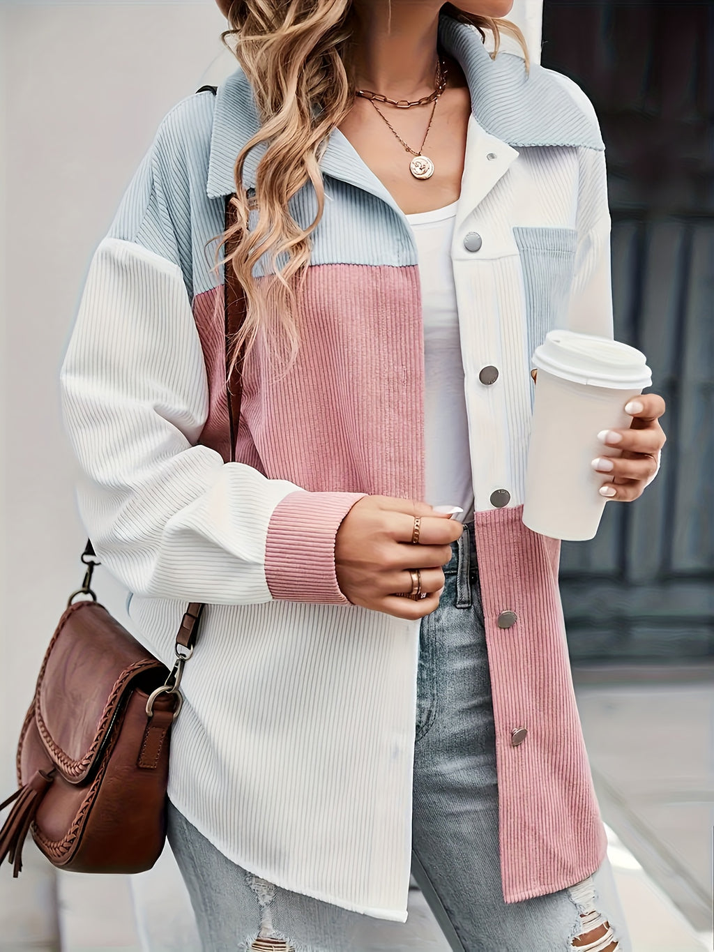 Women's New Spring/autumn Shirt Jacket, Corduroy Multi-color Patchwork Fashion Casual Loose Women's Clothing - Image Color