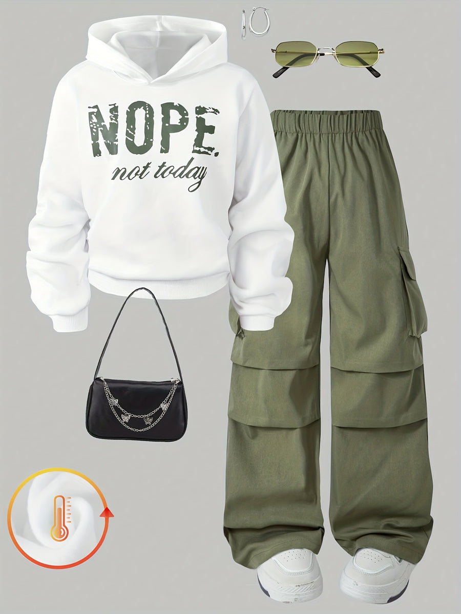 Autumn/Winter Women's Fashion Sweatshirt and Pants 2pcs Set {Bag, Glasses, Earrings, and Shoes Not Included} - Beige + Army Green