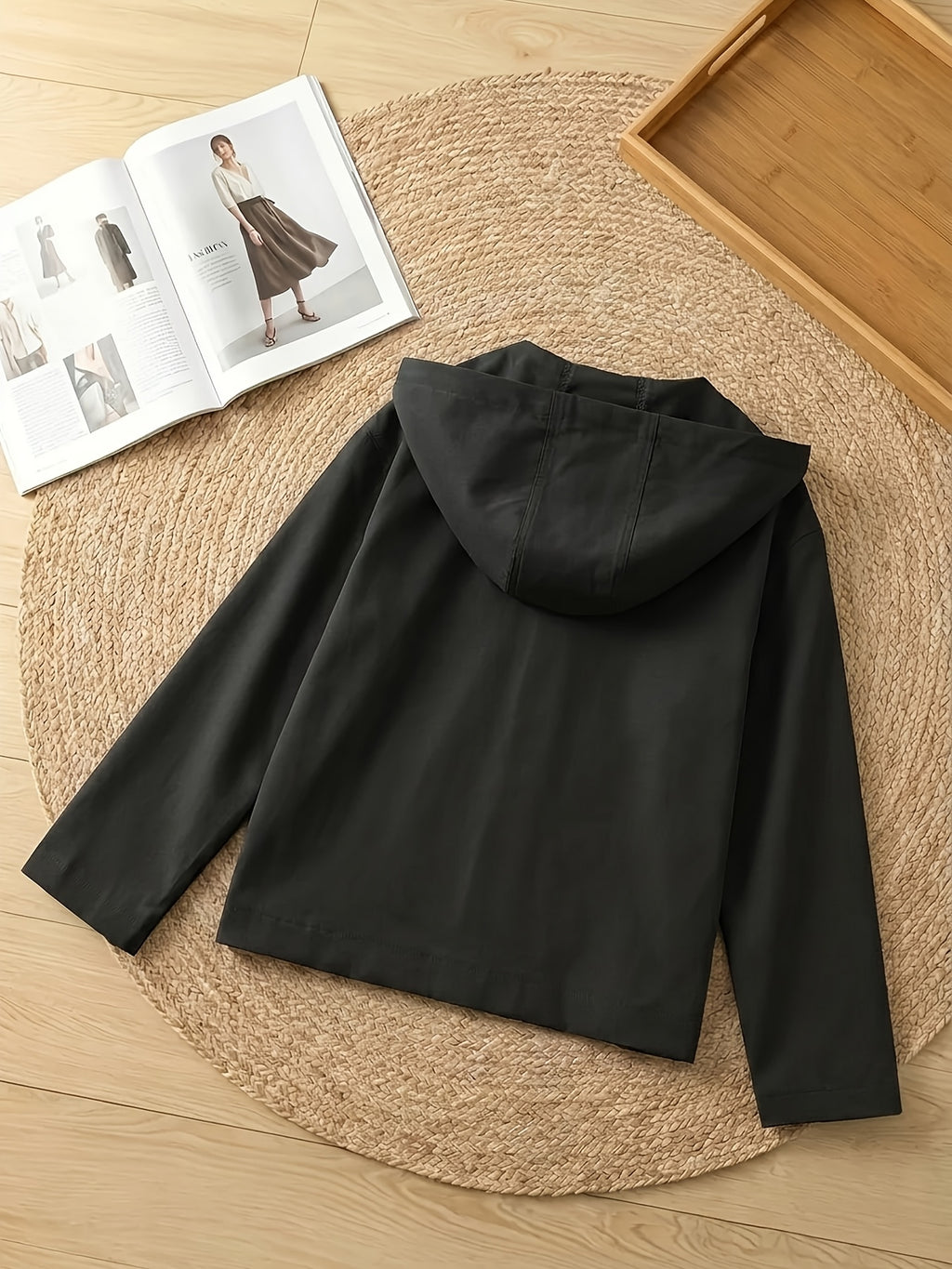 Women'S Fashion Commuter Single Button Fake Side Pocket Loose All-Match Thin Hooded Jacket - Black