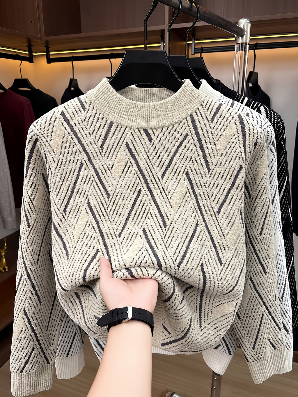 Men'S Mid-Length Round Neck Jacquard Sweater Autumn Winter Knit Casual Pullover Warm Top - Beige Apricot