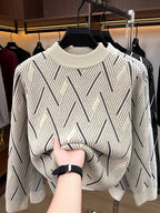 Men'S Mid-Length Round Neck Jacquard Sweater Autumn Winter Knit Casual Pullover Warm Top - Beige Apricot