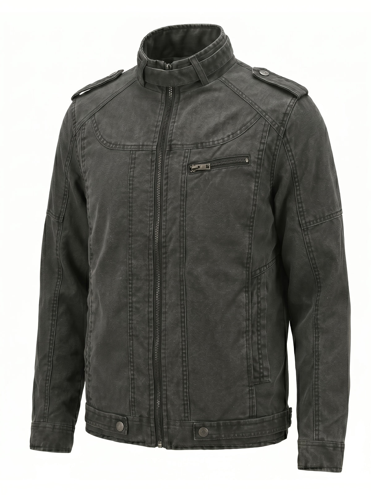 Stand Collar Epaulets Men's Washed Charcoal Jacket Outerwear Vintage Cargo Biker Style Outdoor Casual - Black