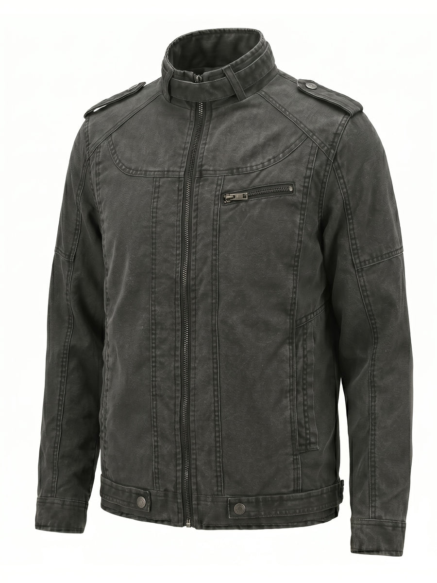 Stand Collar Epaulets Men's Washed Charcoal Jacket Outerwear Vintage Cargo Biker Style Outdoor Casual - Black