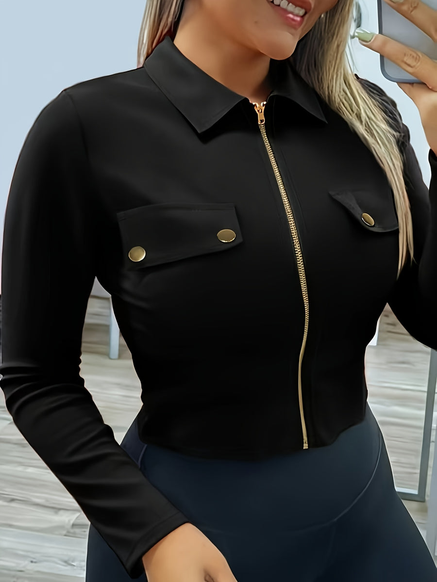 Women's Slim-Fit Lapel Zip Casual Solid Long Sleeve Shirt - Black