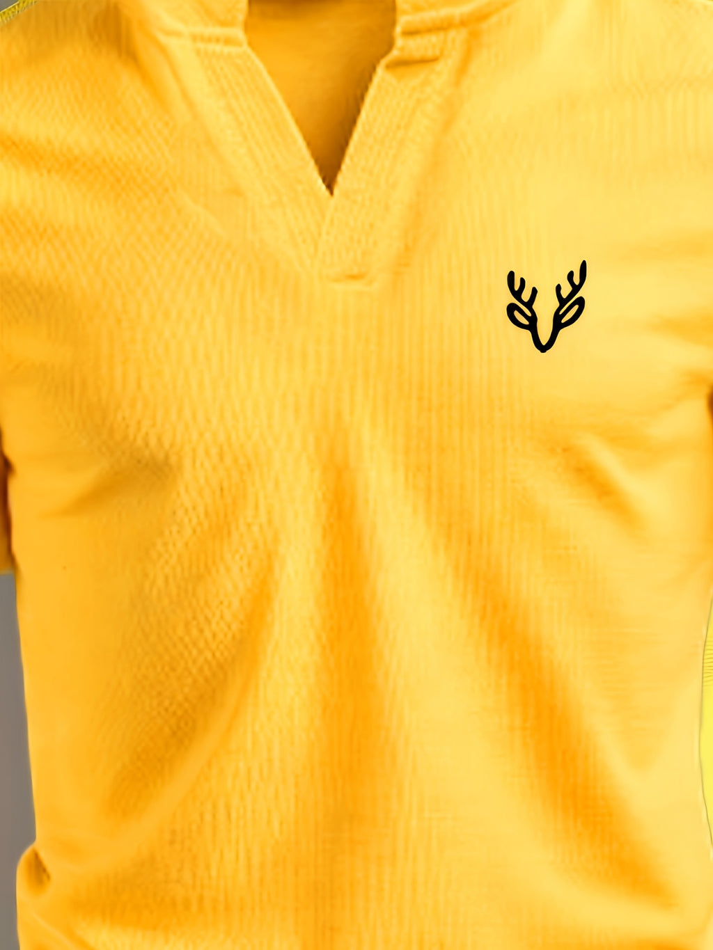 Men's V-neck Short-Sleeve T-shirt with Unique Small Print, Waffle Knit Fabric, Comfortable Men's Half-Sleeve Top - Yellow 3