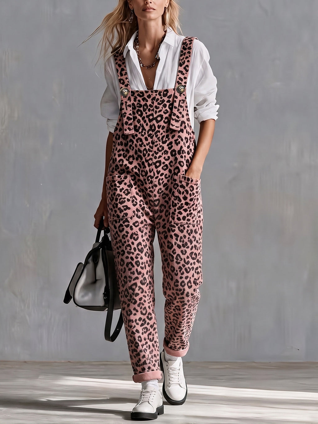 Women'S Overalls, Pink Leopard Print Jumpsuit, Casual Loose Fit - Pink Color