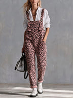 Women'S Overalls, Pink Leopard Print Jumpsuit, Casual Loose Fit - Pink Color
