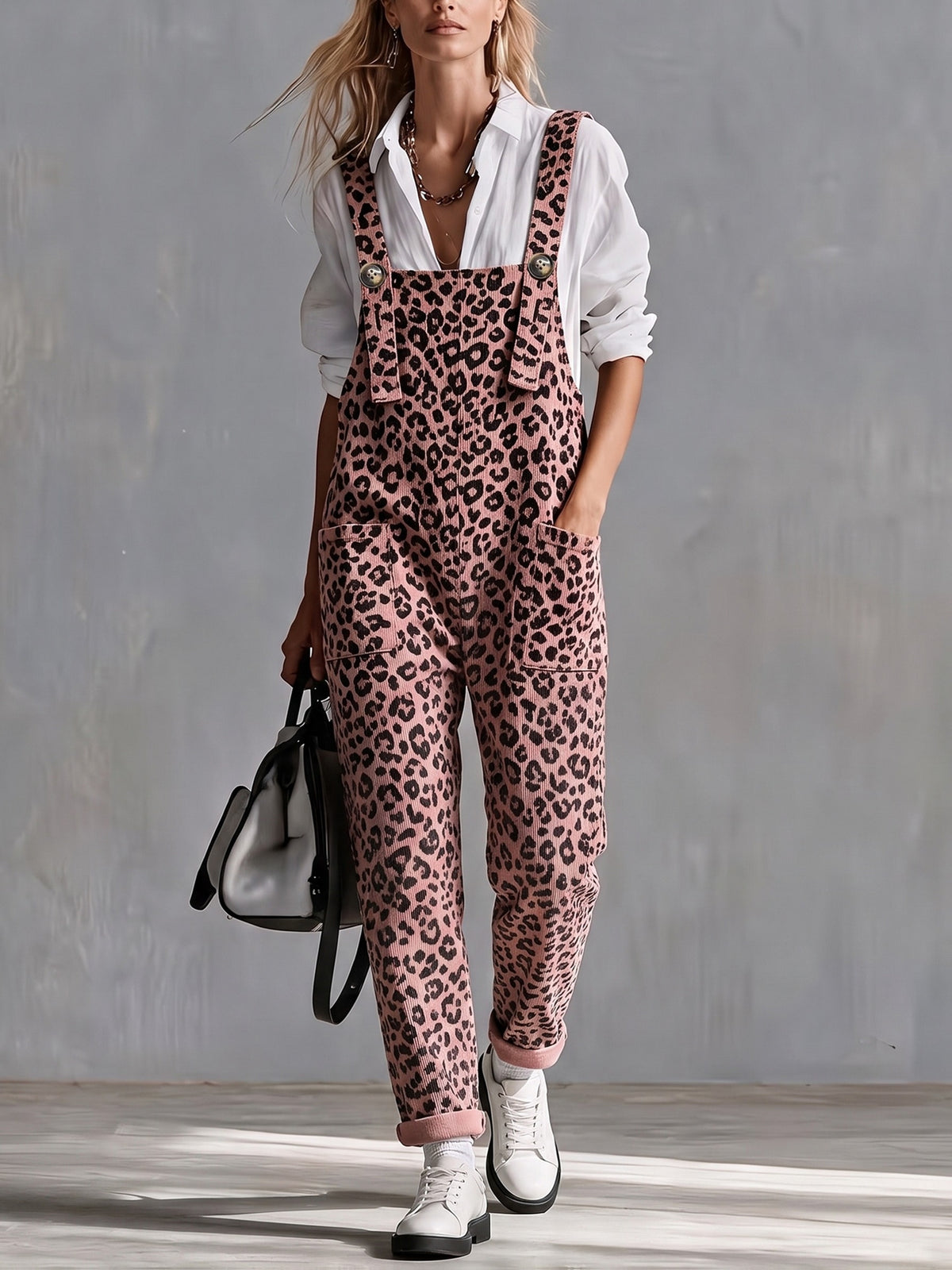 Women'S Overalls, Pink Leopard Print Jumpsuit, Casual Loose Fit - Pink Color