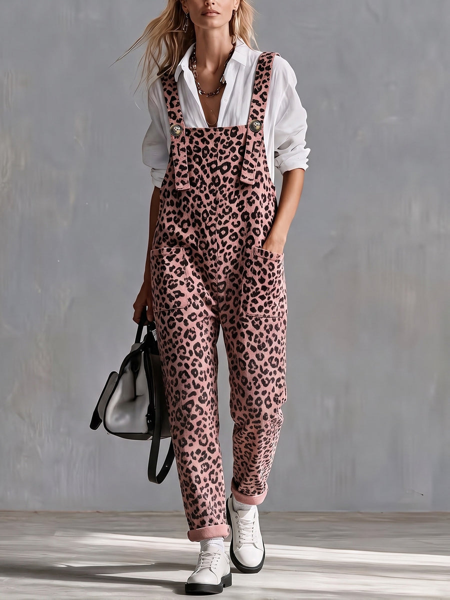 Women'S Overalls, Pink Leopard Print Jumpsuit, Casual Loose Fit - Pink Color