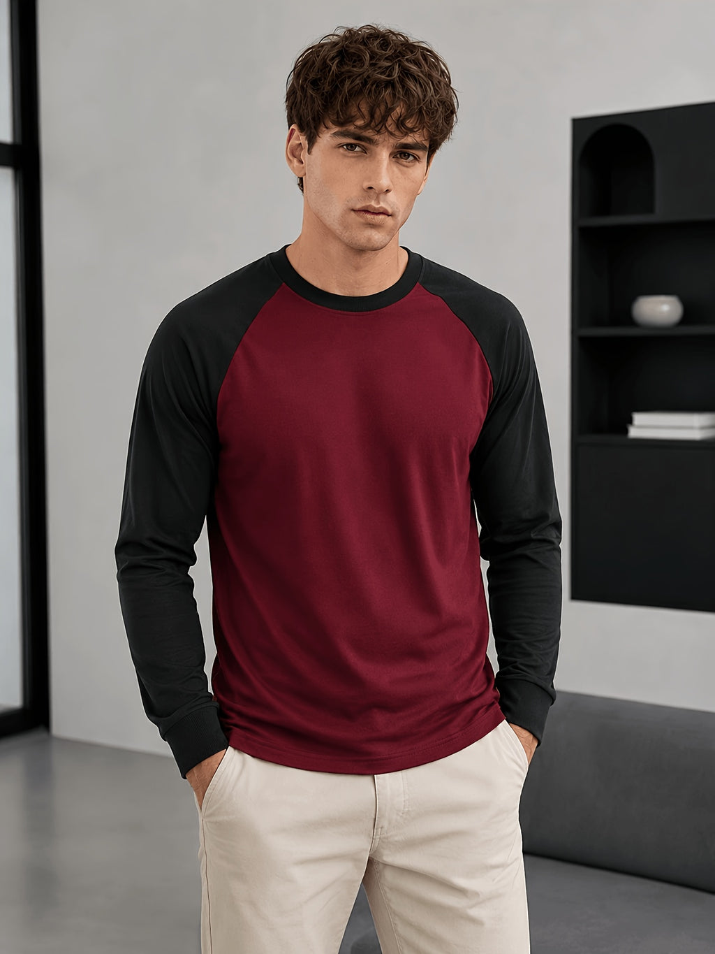 Men'S Long Sleeve Round Neck T-Shirt, a Versatile Color-Block Pullover Top, Men'S Work And T-Shirt, Men'S Top, Casual Work Scene Wear, Applicable for Work Scenes - Black Sleeves + Apricot Red Top + Army Green Top + Dark Gray Top