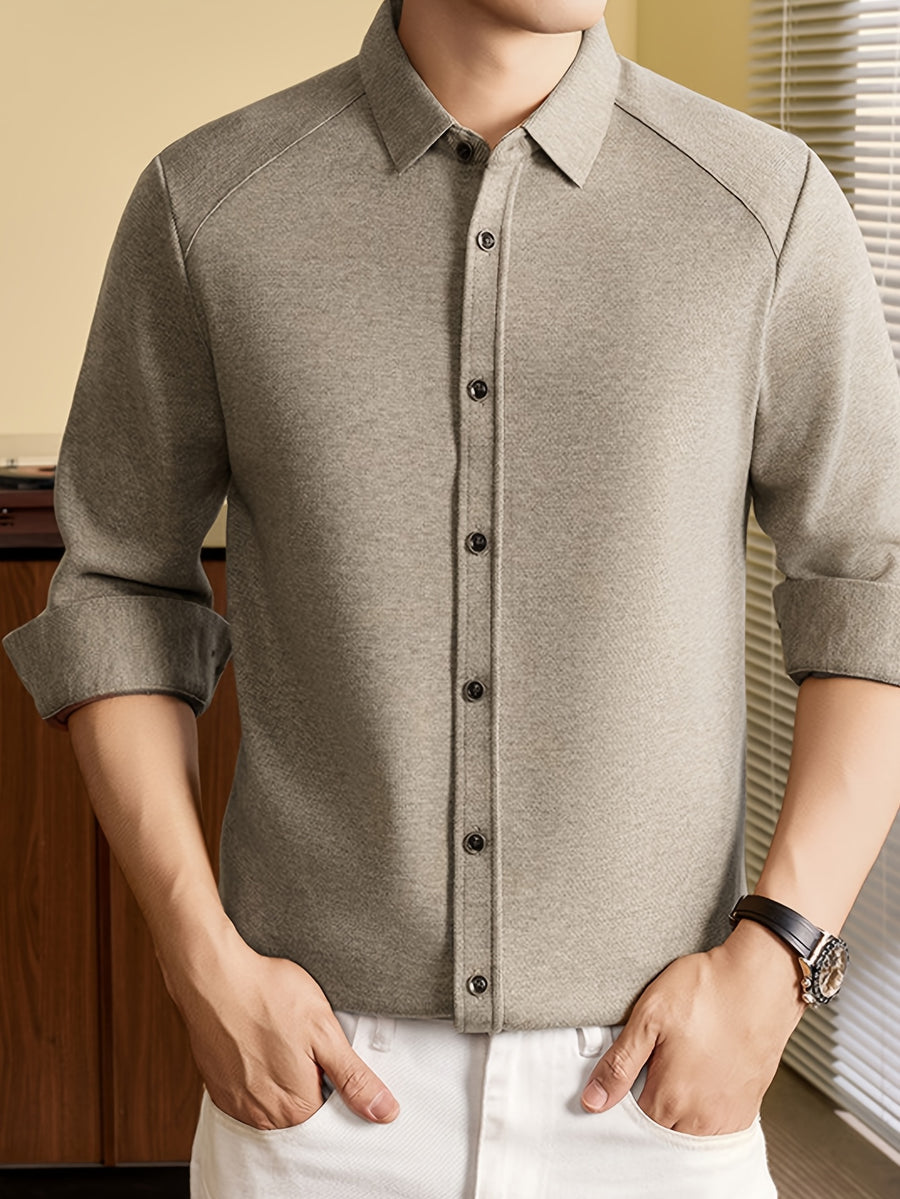 Men's Long-Sleeve Knit Cardigan Shirt with Raglan Sleeves, Roll-Up Cuffs, Suitable for Layering or Wearing Alone in Spring, Autumn, and Early Winter, Ideal for Middle-Aged Men's Commuting and Casual Wear. -SINBOS - Apricot