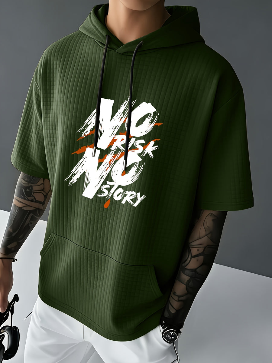 NO RISK NO STORY Men's Waffle Knit Short Sleeve Hoodie Top, Comfortable Printed Drawstring Sweatshirt T-Shirt with Pocket, Summer Casual Fashion Men's Apparel, Suitable for Outings and Home Wear, Suitable for Daily and Formal Wear, Summer Fashion - Olive Green