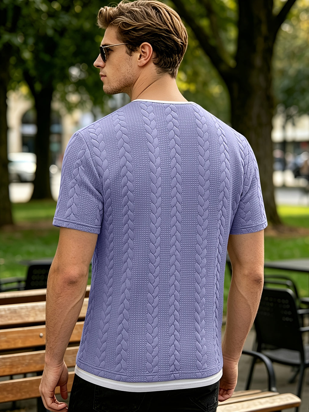 Summer Vintage Vertical Stripe Twisted Cable Embossed Men's Short Sleeve Double-Layer 2-in-1 Look Layered Design Henley Collar T-Shirt, Breathable Textured Versatile Top for Daily Commuting - Light Purple
