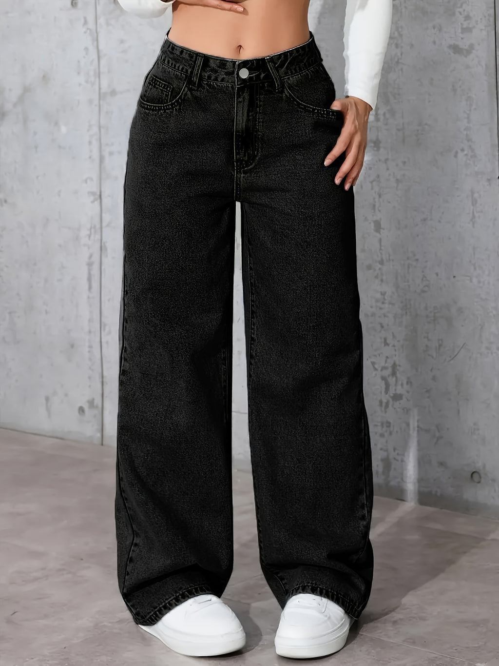 Women's Vintage Washed Jeans - Relaxed Straight Leg, Stretch Casual Pants, Classic Five-Pocket Design, All-Season Comfort, Durable Fabric, Wide-Leg Trousers, Easy Style - Black