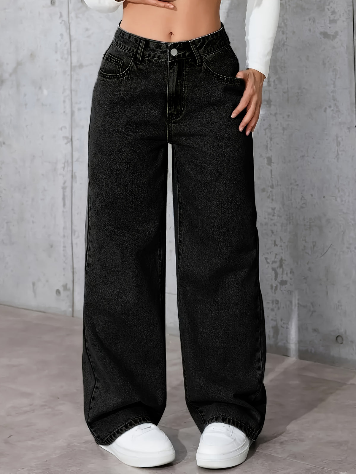 Women's Vintage Washed Jeans - Relaxed Straight Leg, Stretch Casual Pants, Classic Five-Pocket Design, All-Season Comfort, Durable Fabric, Wide-Leg Trousers, Easy Style - Black