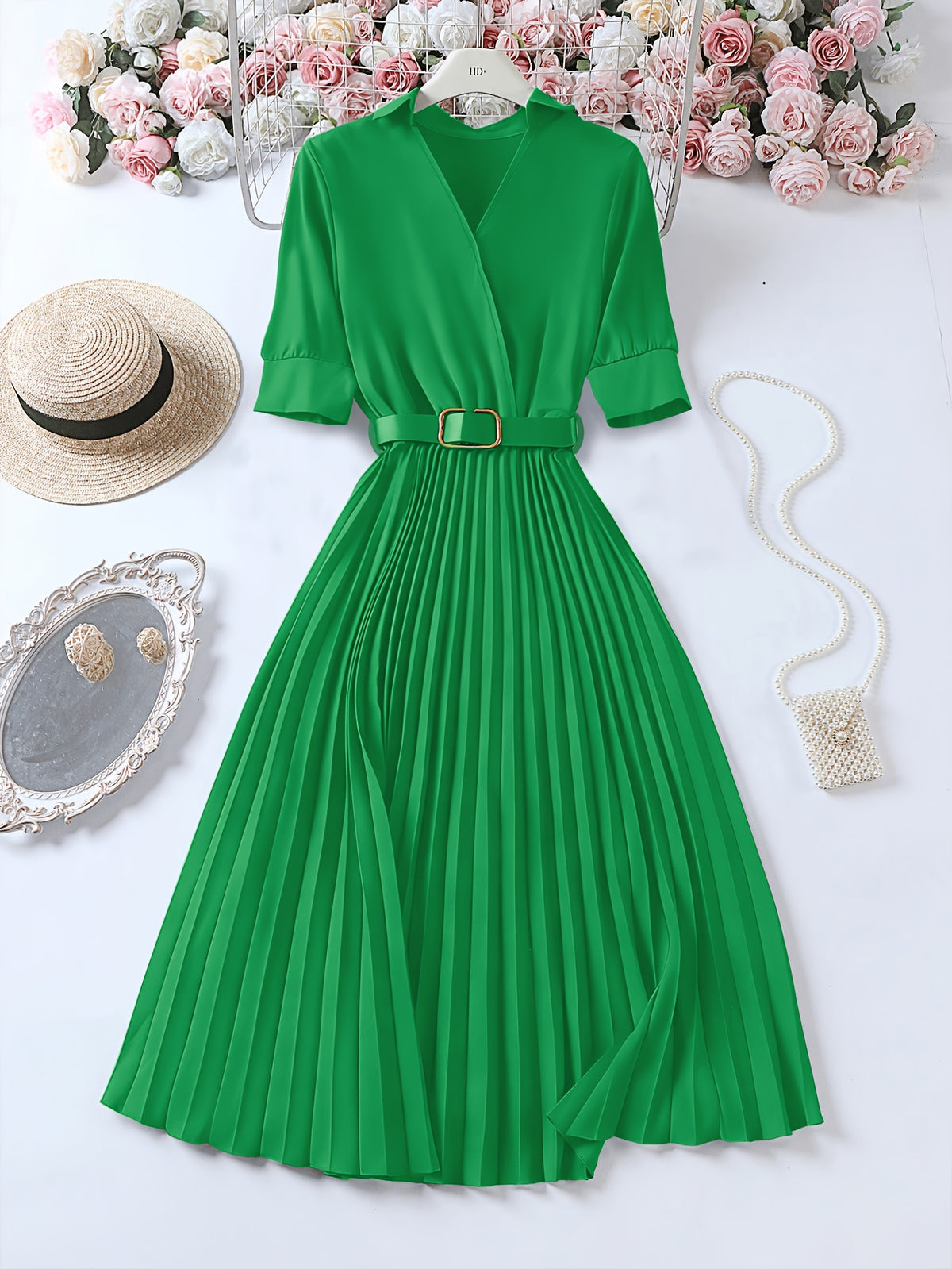 Summer Women'S Dress with Lapel V-Neck Puff Sleeves And Waist Cincher Pleated Maxi Skirt - Green
