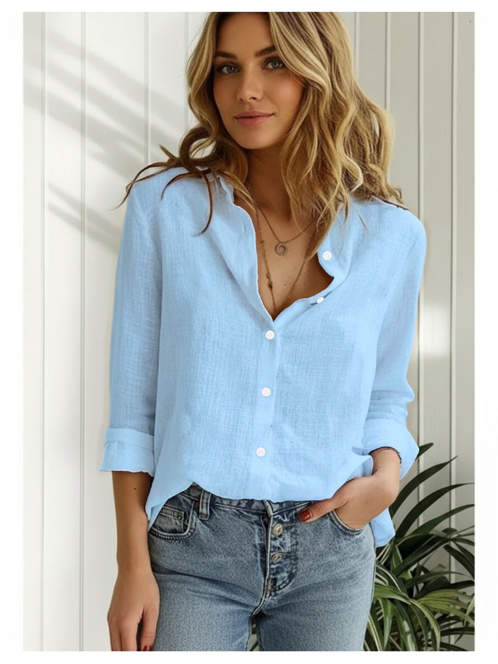 Women's New Spring, Autumn, and Winter Style 100% Long-Sleeve Shirt, Simple Open-Front Lapel Collar Comfortable Shirt, Fashionable, Elegant, and Versatile Solid Color Open-Front Long-Sleeve Top, Suitable for All Seasons, for Women's Daily, Casual - Sky Blue