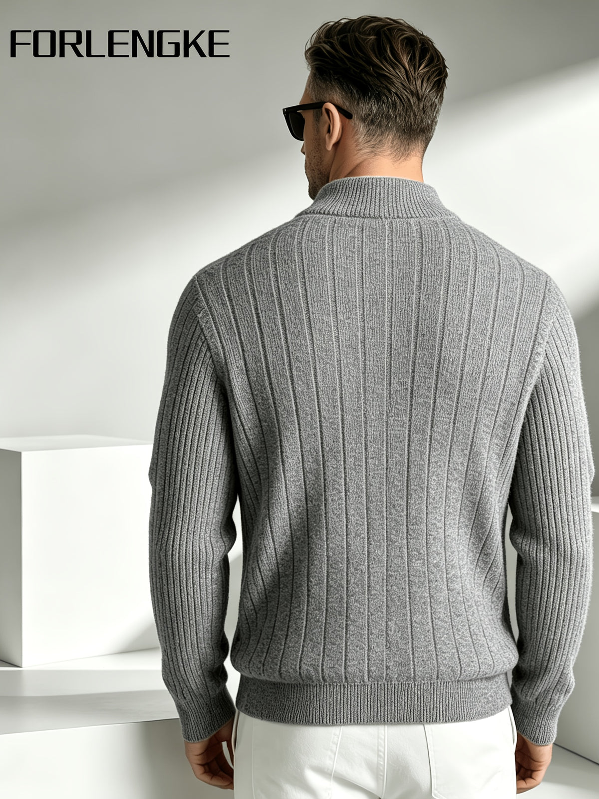 FORLENGKE Men'S Business Casual Stand Collar Cable Knit Cardigan, Soft Warm Textured Long Sleeve Sweater Jacket for Fall Winter Office Daily Wear - Grey