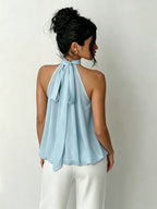 Women's Elegant Halter Neck Tie-Back Semi-Sheer Lightweight Top - Light Blue