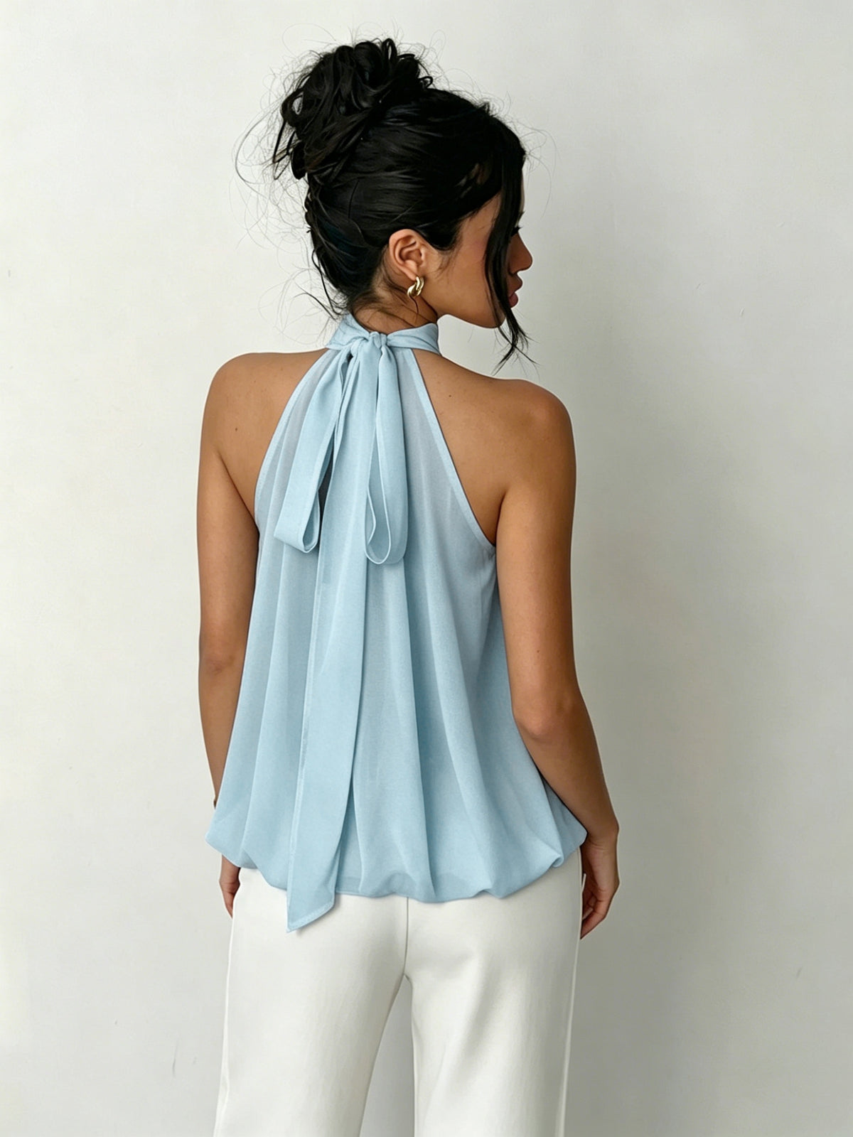 Women's Elegant Halter Neck Tie-Back Semi-Sheer Lightweight Top - Light Blue