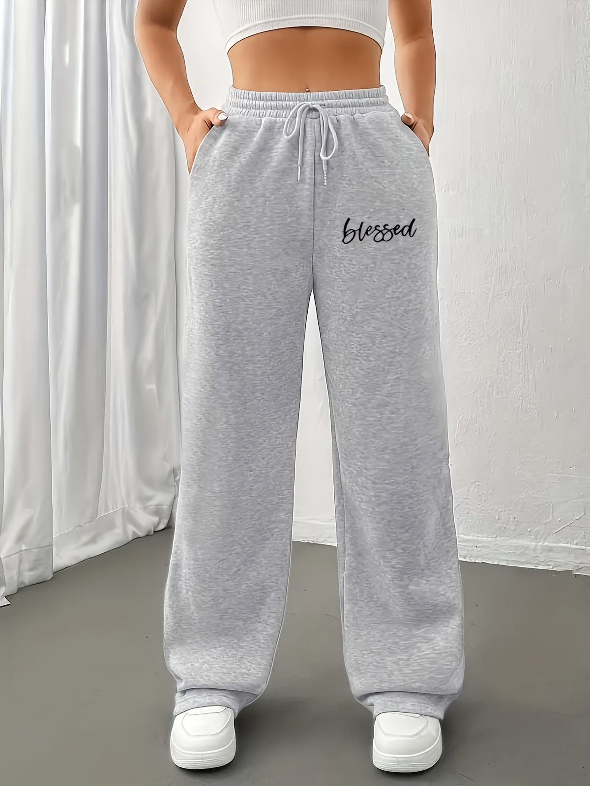 Women's Casual Jogger Pants with Drawstring Waist & Elastic Cuffs - All-Season Comfort Polyester, Trendy Geometric Print Straight-Leg Design for Workouts & Casual Attire, Jogging Pants - Grey
