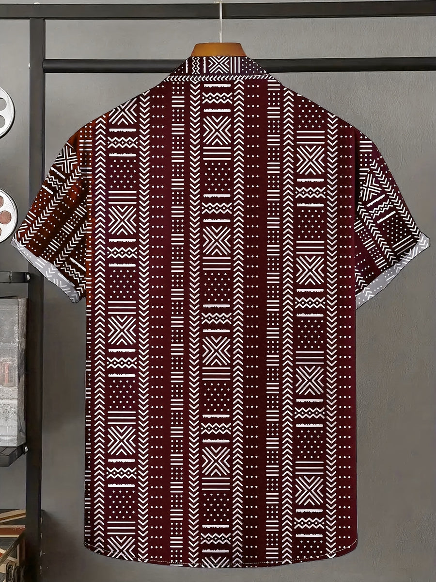 Men's Ethnic Print Shirt, Suitable for Vacation Scenes, Comfortable Polyester Fabric - The color of rouge