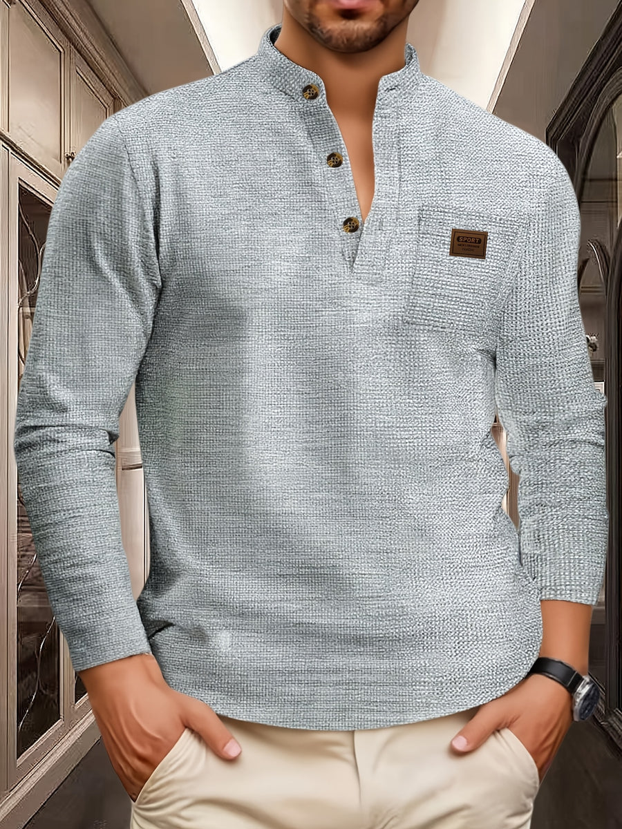 Josh Mei Selection: 2026 New Men's Stand Collar Waffle Texture Long Sleeve Shirt, Three-Button Half Open Lapel with Pocket, Lightweight and Comfortable Basic Top for Daily Outings - Light Grey