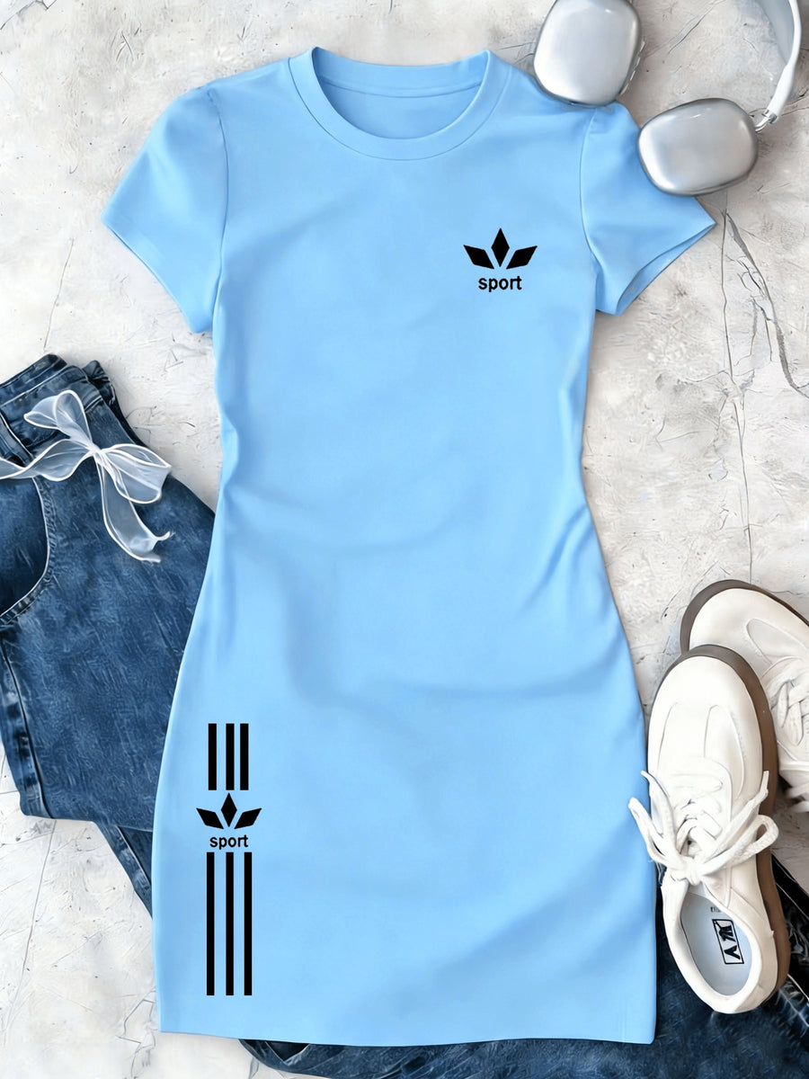 Summer Elegant Women's Pure Short-sleeve Dress, Y Casual Style, Clover Stripe Print Short-sleeve Top. 100% Round-neck Short-sleeve T-shirt, Machine Washable, Comfortable and Versatile. Breathable, Skin-friendly, Easy to Care for, Soft and Smooth. - Light Blue