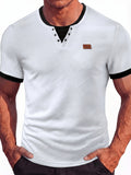Men'S Fashion Men'S Top, Spring Summer Outdoor Casual Textured Fabric Contrast Patchwork Crew Neck Button Eyelet Decor Short Sleeve Men'S Henley Shirt - White