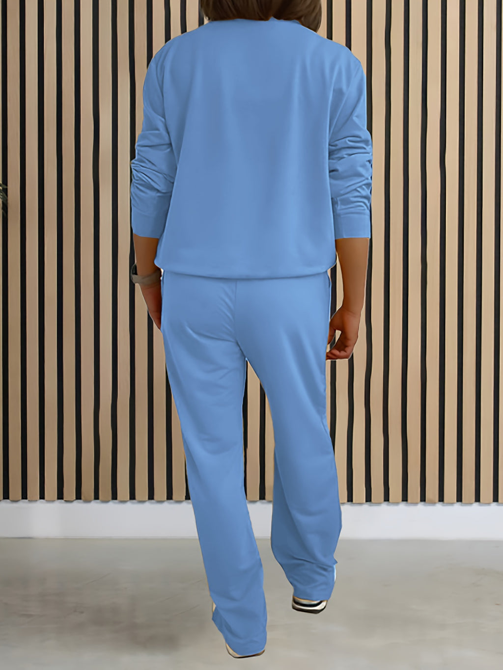 Women'S Solid Color Two-Piece Casual Long Sleeve Front Zipper Hoodie with Drawstring Straight Leg Pants Outfit - Light Blue