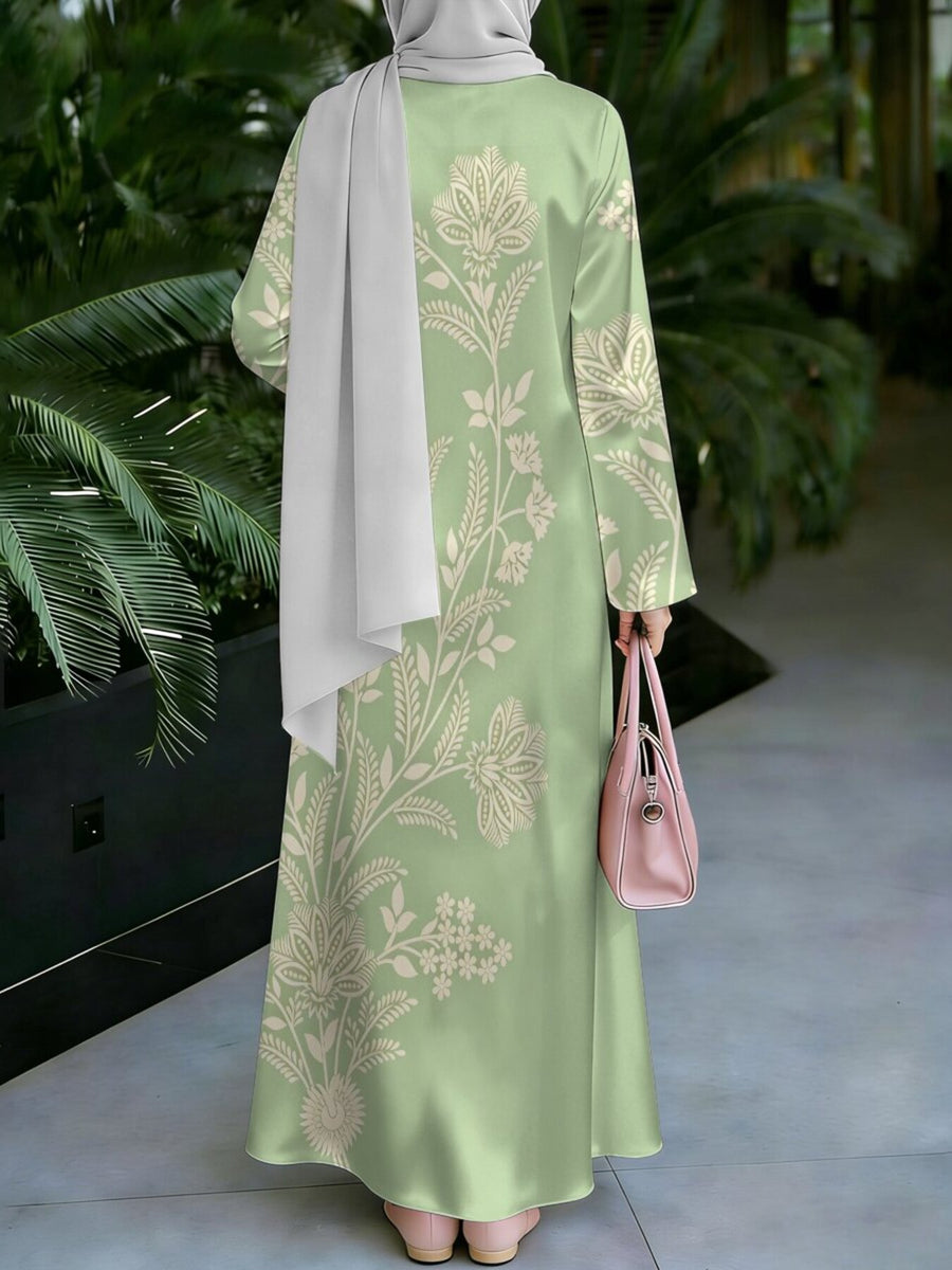 Women'S Middle Eastern Style Muslim Elegant Robe Dress, Suitable for Malaysian Dress, Fresh Floral Sleeve Muslim Long Skirt, Loose A-Line Long Sleeve Cut, Daily Prayer And Outing Wear, Non-Stretchy Non- Craft - Mixed colors