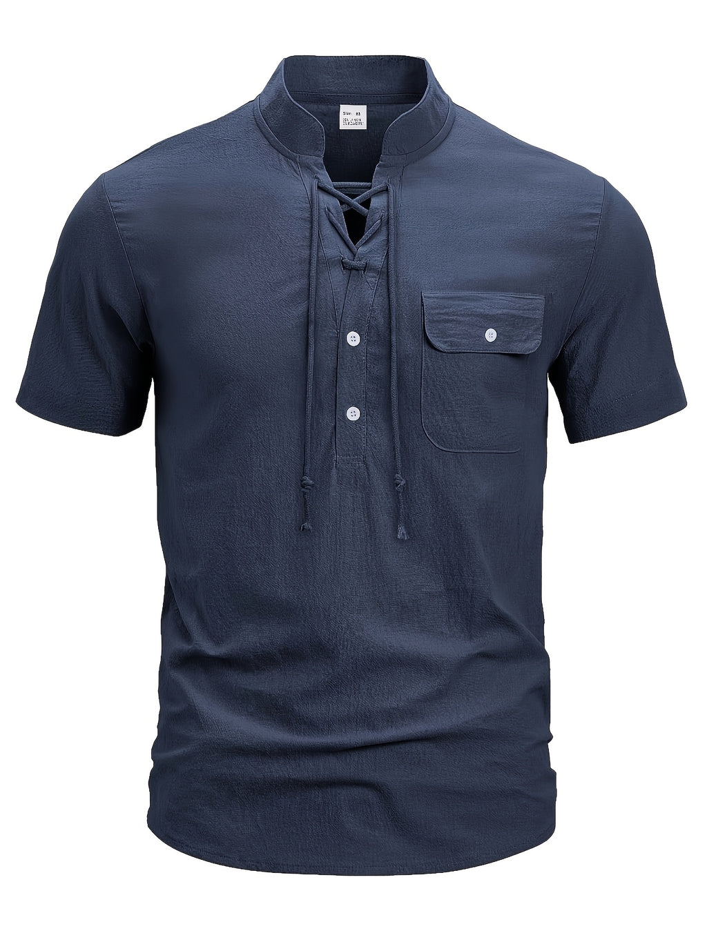 New Men'S Lace-Up Henley T-Shirt, Stand Collar Short Sleeve Casual Pullover with Adjustable Drawstring Neckline And Flap Chest Pocket, Lightweight Relaxed Fit Top for Beach Vacations, Travel, Outdoor Leisure And Everyday Wear - Navy Color